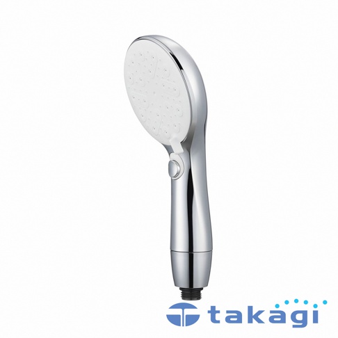 Takagi KIREIST 真淨水水霧蓮蓬頭 JS470MW 的產品照，呈現銀色金屬質感與白色噴頭面板，設計簡約流線，把手處設有止水按鈕，底部標註 Takagi 品牌商標，整體採正面視角呈現。