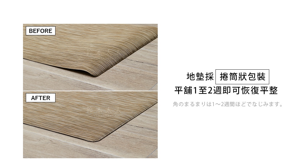 兩張圖片展示了同一款淺棕色、編織紋理的廚房地墊，置於淺木紋地板上。左側「BEFORE」圖片顯示地墊邊緣有輕微捲曲，右側「AFTER」圖片則顯示地墊平整，邊角自然服貼。