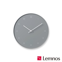 灰色圓形時鐘，錶盤上有白色時針、分針，錶盤周圍飾有白色細點和圓形標記。