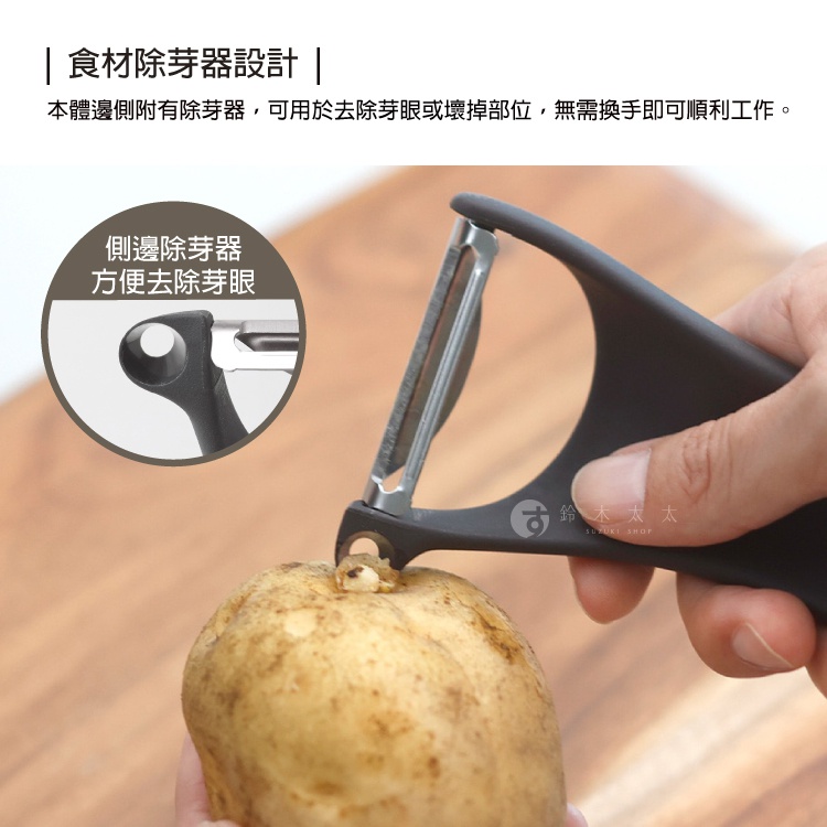 深灰色手柄的多功能削皮器，正在使用側邊的圓形挖孔設計去除馬鈴薯表面的芽眼，圖片上方說明此設計可方便處理食材芽眼或壞掉部位，無需更換工具即可順利操作。