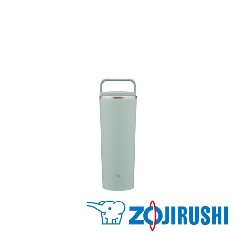 淺綠色不鏽鋼一體式杯蓋隨行保溫杯，附有可折疊提把，杯身光滑，底部有品牌標誌。