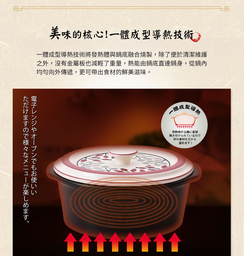 IH系列9號耐溫差洋風陶土湯鍋，容量2.7L，鍋蓋為紅彩銀葉圖案，鍋身呈現深色，鍋底有導熱線圈設計，顯示加熱中。