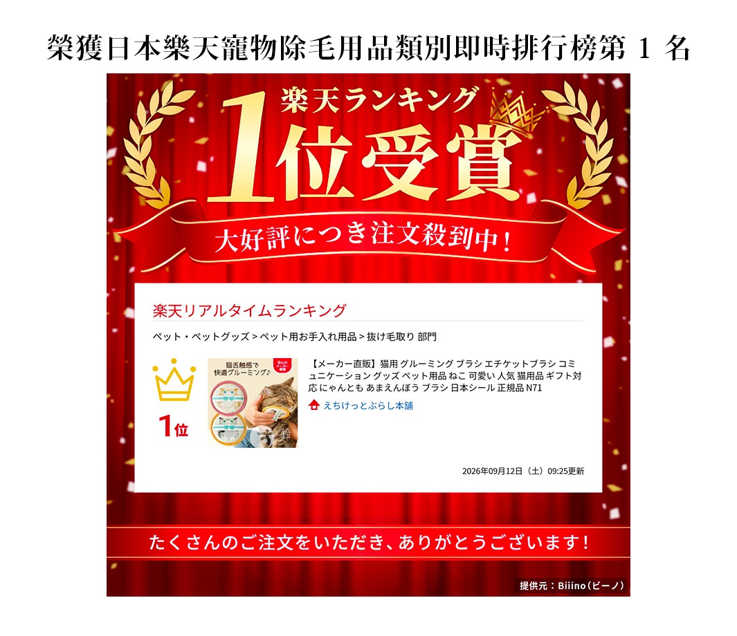 圖片文字：榮獲日本樂天寵物除毛用品類別即時排行榜第1名，樂天排名1位受賞，大好評，訂單殺到，樂天即時排名，寵物用品，貓咪 grooming 刷，貓舌觸感，舒適護理，製造商直營，人氣貓咪禮品，Nippon Seal 正品，2026年9月12日，提供元 Biiino。
