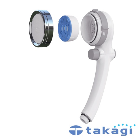 白色塑膠蓮蓬頭，帶有可拆卸的銀色金屬蓮蓬頭和藍色濾芯，展示了產品零件的組裝與拆卸。