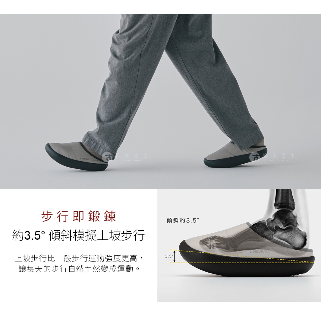 一雙&MEDICAL品牌灰色健步鞋，展示鞋子傾斜設計，模擬爬坡行走，幫助鍛鍊。