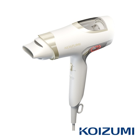 KOIZUMI 品牌白色 BLDC 護髮吹風機，帶有金色裝飾細節，機身有 UP、DOWN、HOT、COOL、OFF 按鈕，紅色 LED 顯示屏顯示 65。