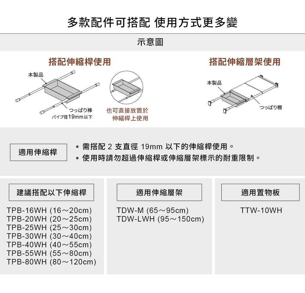 圖片文字：多款配件可搭配 使用方式更多變 示意圖 搭配伸縮桿使用 搭配伸縮層架使用 本產品需搭配 2 支直徑 19mm 以下的伸縮桿使用 使用時請勿超過伸縮桿或伸縮層架標示的耐重限制 建議搭配以下伸縮桿 TPB-16WH 16至20cm TPB-20WH 20至25cm TPB-25WH 25至30cm TPB-30WH 30至40cm TPB-40WH 40至55cm TPB-55WH 55至8