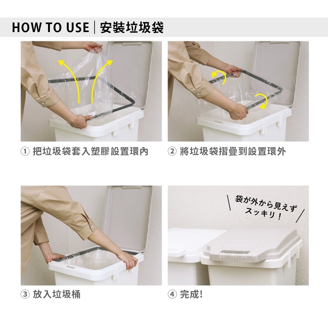 展示H&H系列戶外型大容量掀蓋式防臭連結垃圾桶70L的安裝步驟。圖中為白色垃圾桶，搭配米色掀蓋，展示如何套入垃圾袋並完成安裝。