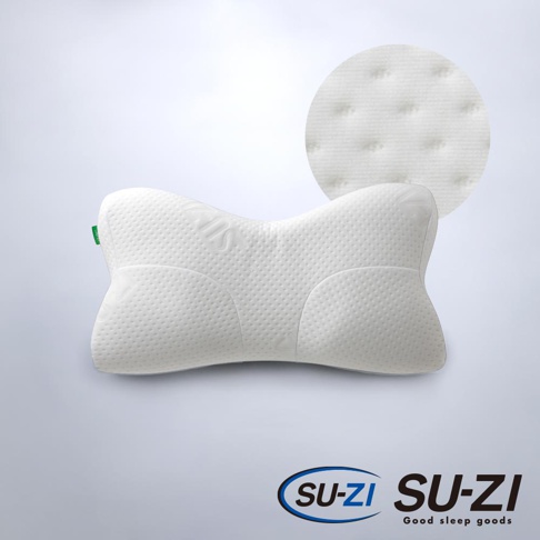 SU-ZI AS 快眠止鼾枕，白色親膚材質，人體工學設計貼合頭頸，另有局部細節特寫。