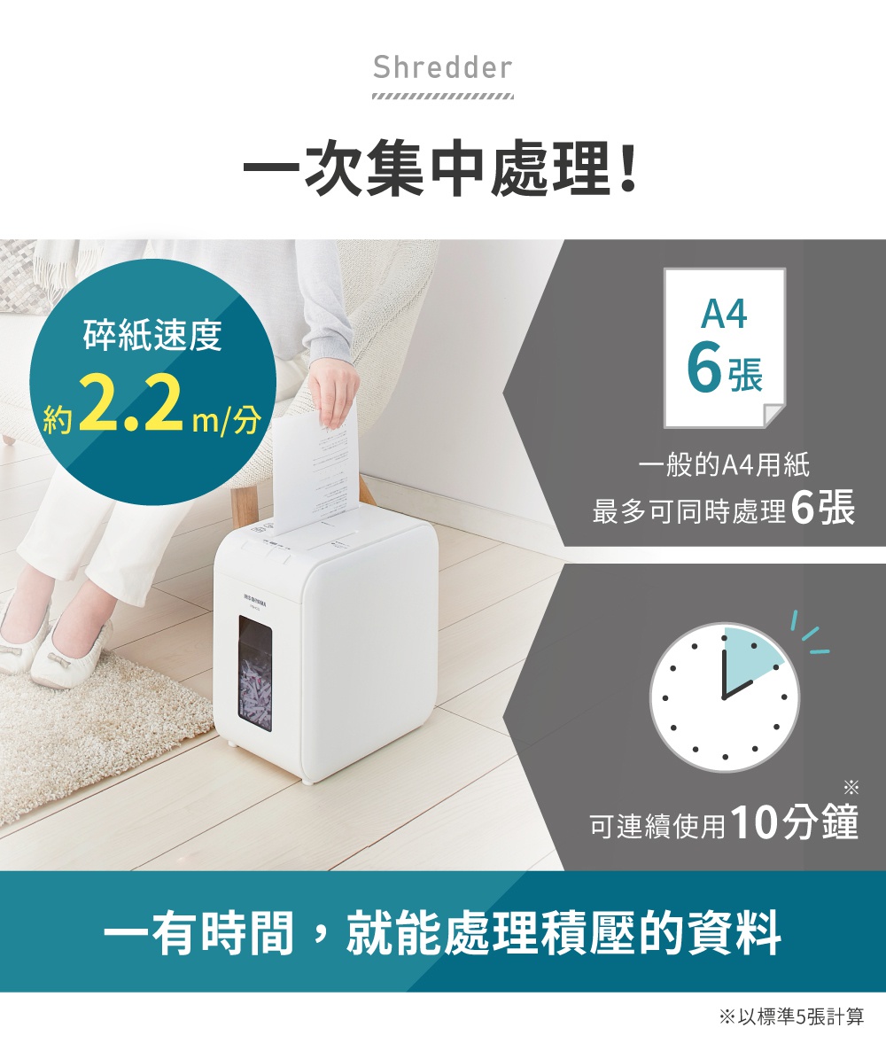 白色超靜音極細保密碎紙機 P6HCS，有透明視窗顯示碎紙量，可同時處理 6 張 A4 紙，碎紙速度約 2.2 公尺/分鐘，可連續使用 10 分鐘。