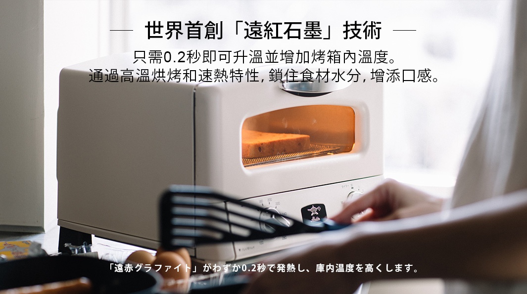 白色復古多用途烤箱，內部放置一片正在烘烤的吐司，烤箱門採用玻璃設計，露出溫暖的烘烤燈光。