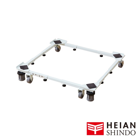 白色金屬製可伸縮洗衣機移動底座，配備八個灰色萬向輪和黑色防滑墊。