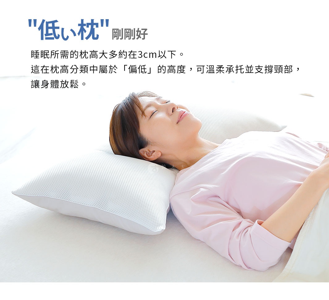 「低枕」剛剛好


睡眠所需的枕高大多約在3cm以下。

這在枕高分類中屬於「偏低」的高度。
可溫柔承托並支撐頸部，讓身體放鬆。

身体に負担がかからない「理想の寝姿勢」を実現するために必要な高さは、3cm以下の場合がほとんどです。
