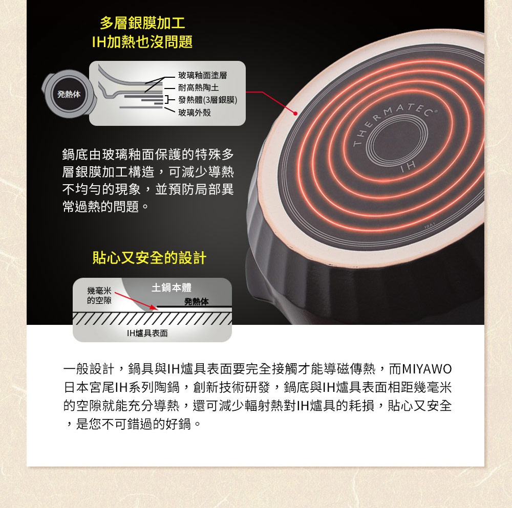 IH系列9號導熱加強型陶土湯鍋2.9L（漸層可可黑），鍋底呈現多層銀膜加熱結構，帶有紅色的加熱線條，鍋體為漸層可可黑色陶土材質。