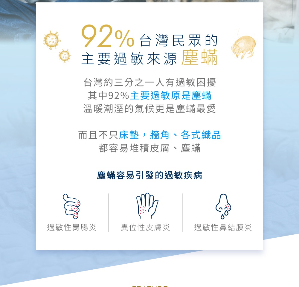 圖片文字：92% 台灣民眾的主要過敏來源是塵蟎 台灣約三分之一人有過敏困擾 其中92%主要過敏原是塵蟎 溫暖潮濕的氣候更是塵蟎最愛 而且不只床墊 牆角、各式織品 都容易堆積皮屑、塵蟎 塵蟎容易引發的過敏疾病 過敏性腸炎 異位性皮膚炎 過敏性鼻結膜炎