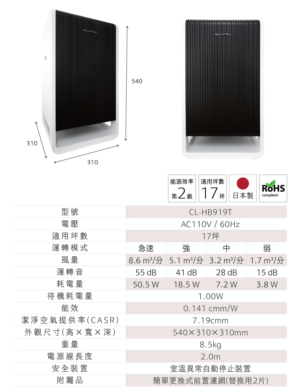 HYBRID混合式空氣清淨機，白色機身搭配黑色直條紋面板，側面有尺寸標示。下方表格列出產品規格，包含能源效率、適用坪數、型號、電壓、風量、噪音、耗電量、能效、CASR值、外觀尺寸、重量、電源線長度、安全裝置及附屬品。