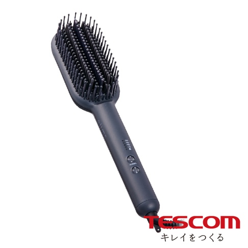深灰色負離子直髮造型梳，梳齒密集，帶有品牌標誌和溫度調節按鈕。