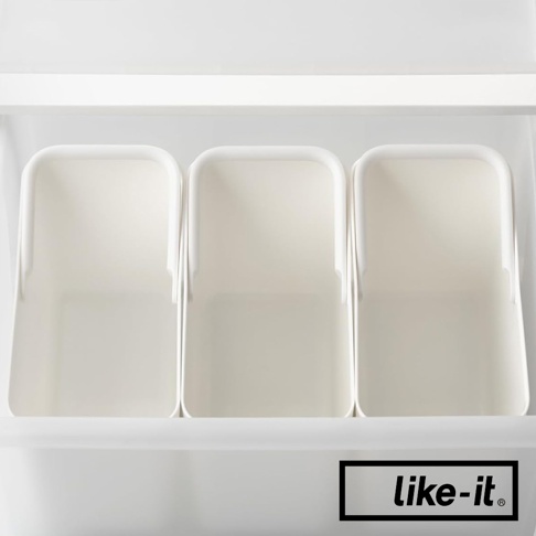 like-it 手提式居家萬用分隔收納盒，內有三個白色分隔收納槽，下方有 like-it 品牌標誌