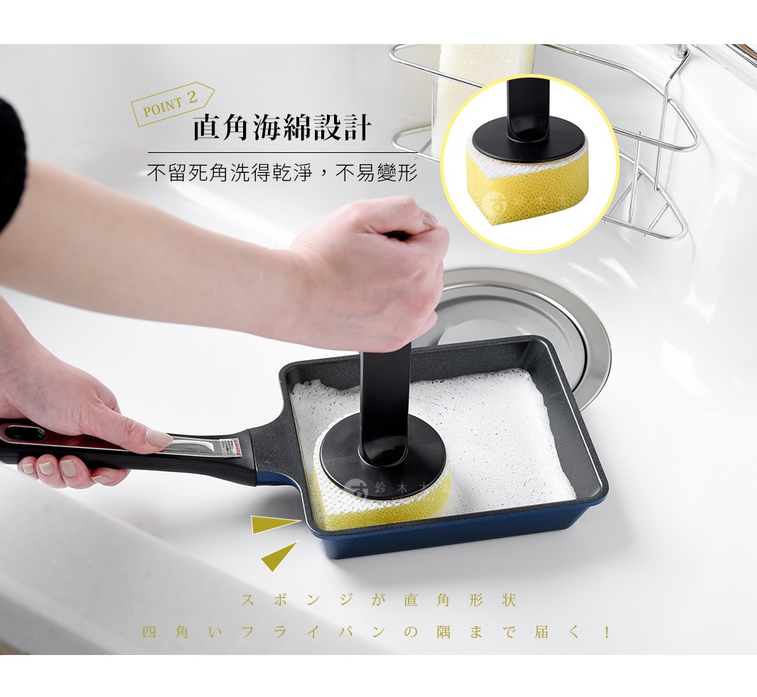 模式B： 一個人的手拿著一個長柄方形鍋，用一個帶有黃色海綿的圓形清潔刷在清洗鍋子。