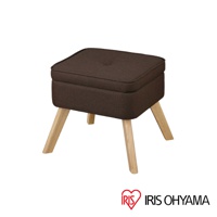 深棕色布藝收納椅凳，方形帶鈕扣坐墊，四隻淺木色斜角椅腳，北歐風格設計。