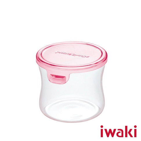 耐熱玻璃製成的圓形微波保鮮盒，容量 240ml，配有粉紅色密封蓋，蓋子上有「PACK&RANGE」字樣。