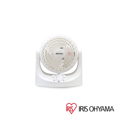 白色IRIS OHYAMA桌上型空氣循環扇TAF-MKM10N，具有可調節角度的圓形風扇頭，帶有網狀格柵，風扇底部設有旋鈕式控制面板。