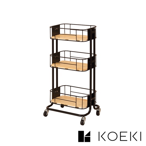 黑色金屬三層置物推車，配有原木色木板層架，底部有四個萬向輪，方便移動。