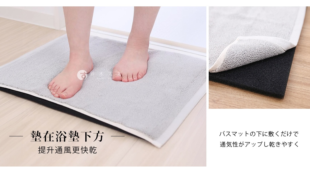 一張示範 Sanbelm 浴墊用透氣防滑墊的使用場景圖。圖片左側顯示使用者赤腳站在鋪設於木紋地板上的淺灰色浴墊，浴墊下方墊著一層黑色透氣網狀防滑墊；右側局部特寫展示該黑色網狀材質與上方浴墊的層疊結構，說明此墊可放置於浴墊下方以提升通風性並加速乾燥。