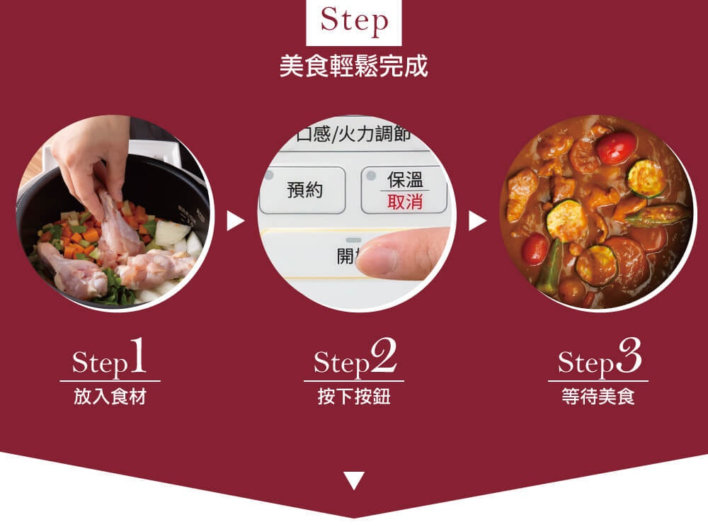 電子壓力鍋內有雞腿、胡蘿蔔、青豆、洋蔥等食材，旁邊是控制面板，顯示「預約」、「保溫」、「取消」及「開」按鈕，右側是燉煮完成的咖哩。
