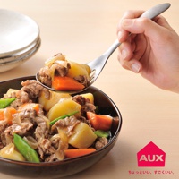 一只手拿著不鏽鋼濾水菜匙，匙中盛著燉牛肉、馬鈴薯、紅蘿蔔和荷蘭豆，菜匙有兩個濾水孔。