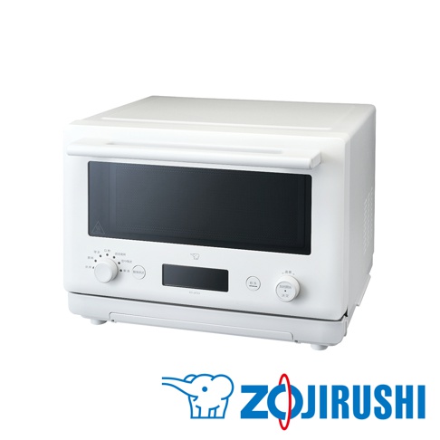 白色簡約設計的烘烤微波爐，配備黑色觸控螢幕、旋鈕式操作面板，上方有銀色把手，機身側面有散熱孔，整體為光滑塑料材質，品牌標誌置於右下方。