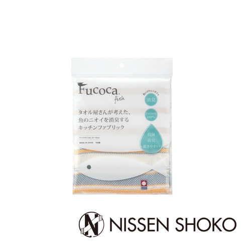 Fucoca. fish 今治純棉抗菌防臭廚房擦拭巾，白色魚形圖案，搭配藍黃條紋織物。產品包裝上有日文說明，強調消臭、抗菌、防臭及易乾特性。