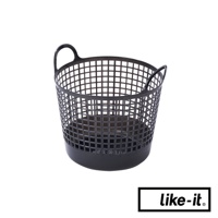 黑色塑膠圓形洗衣提籃，網格狀設計，附有兩個提把。