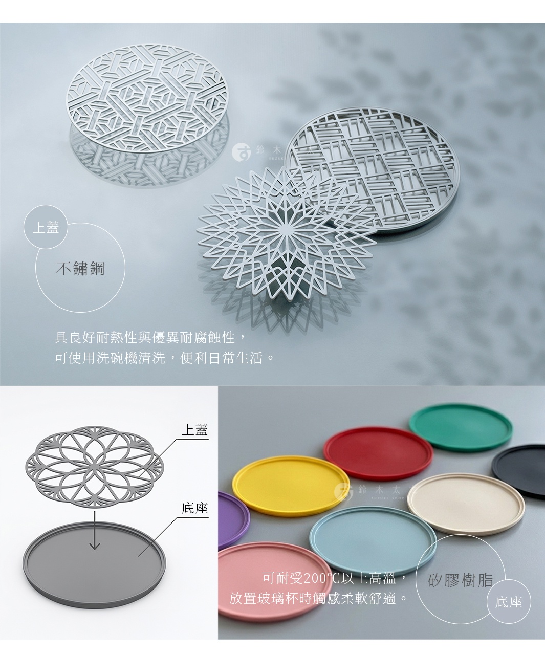 圖片文字：上蓋不鏽鋼，具良好耐熱性與優異耐腐蝕性，可使用洗碗機清洗，便利日常生活。上蓋與底座示意圖，底座矽膠樹脂，可耐受兩百度攝氏以上高溫，放置玻璃杯時觸感柔軟舒適。