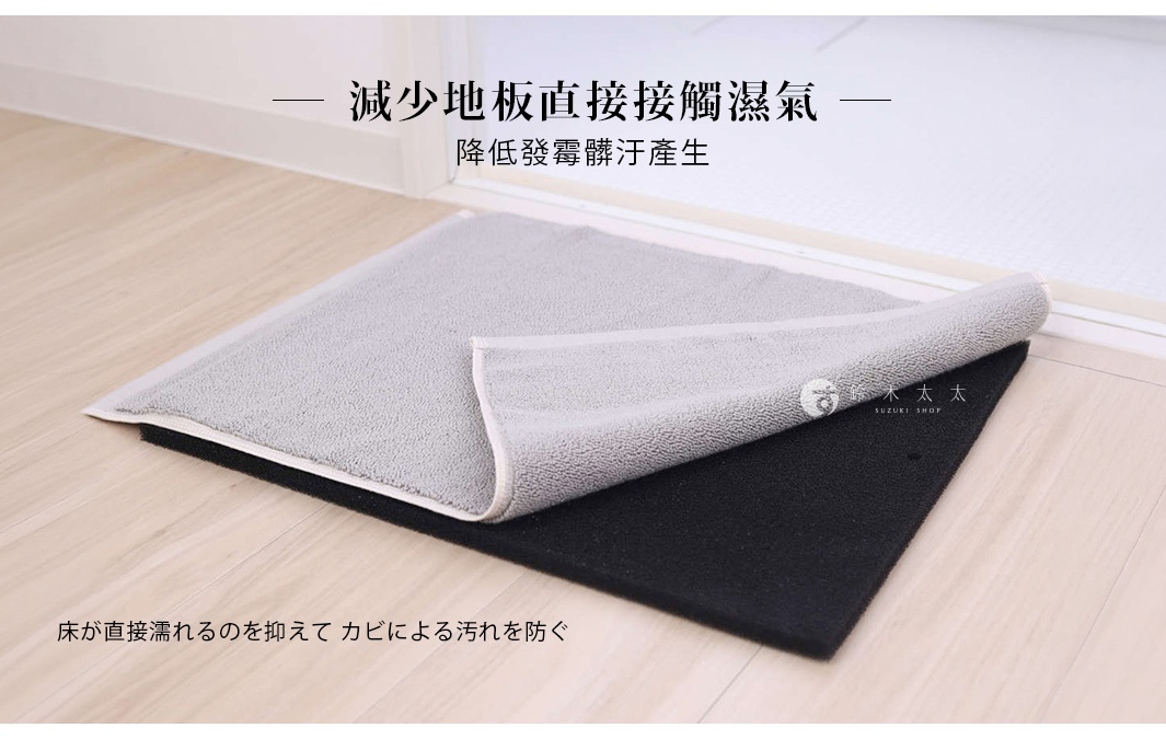 一張放在浴室門口的產品展示圖，灰色長方形的毛巾地墊部分掀起，下方鋪有一層黑色透氣防滑墊，強調其能減少地板接觸濕氣並預防發霉污漬，圖片上方及下方分別以中日文標註此功能。