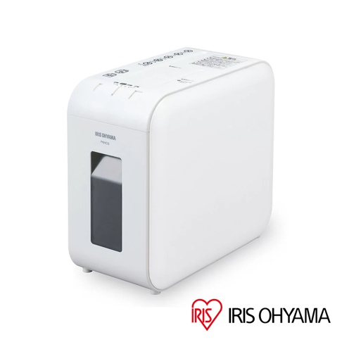 白色IRIS OHYAMA P6HCS 超靜音極細保密碎紙機，配有黑色集紙槽，頂部有操作按鈕和指示燈。