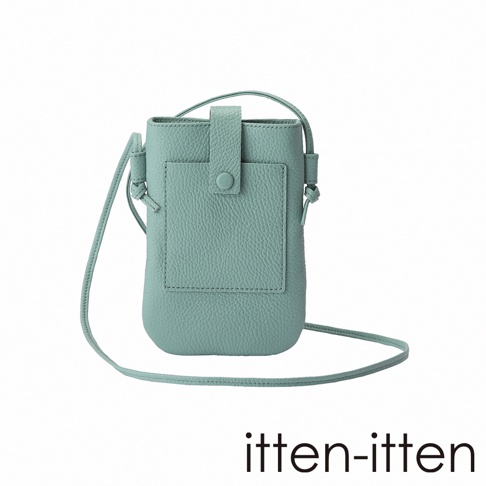 itten-itten 義大利皮革散步手機包，藍綠色，有翻蓋和前置小口袋。