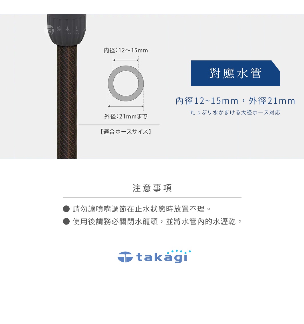 takagi Tough Gear 旋噴頭-QG559 產品說明，標示適用水管內徑 12-15mm，外徑 21mm，並提供注意事項，提醒勿將噴頭置於止水狀態，使用後需關閉水龍頭並排空水管。