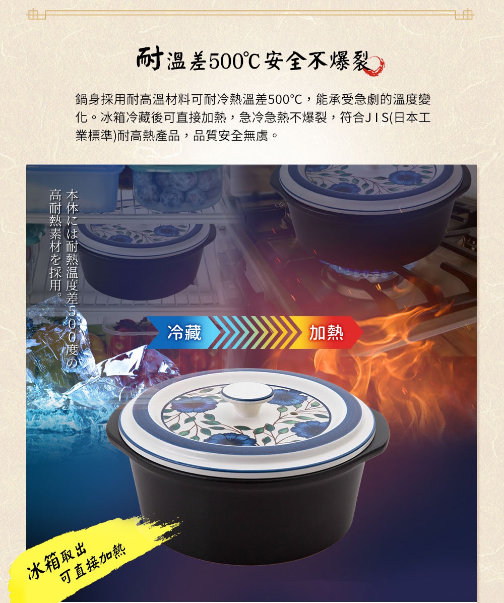 藍色花卉圖案的黑色陶土湯鍋，配有白色鍋蓋把手，鍋身外圍飾有藍色與白色相間的條紋。