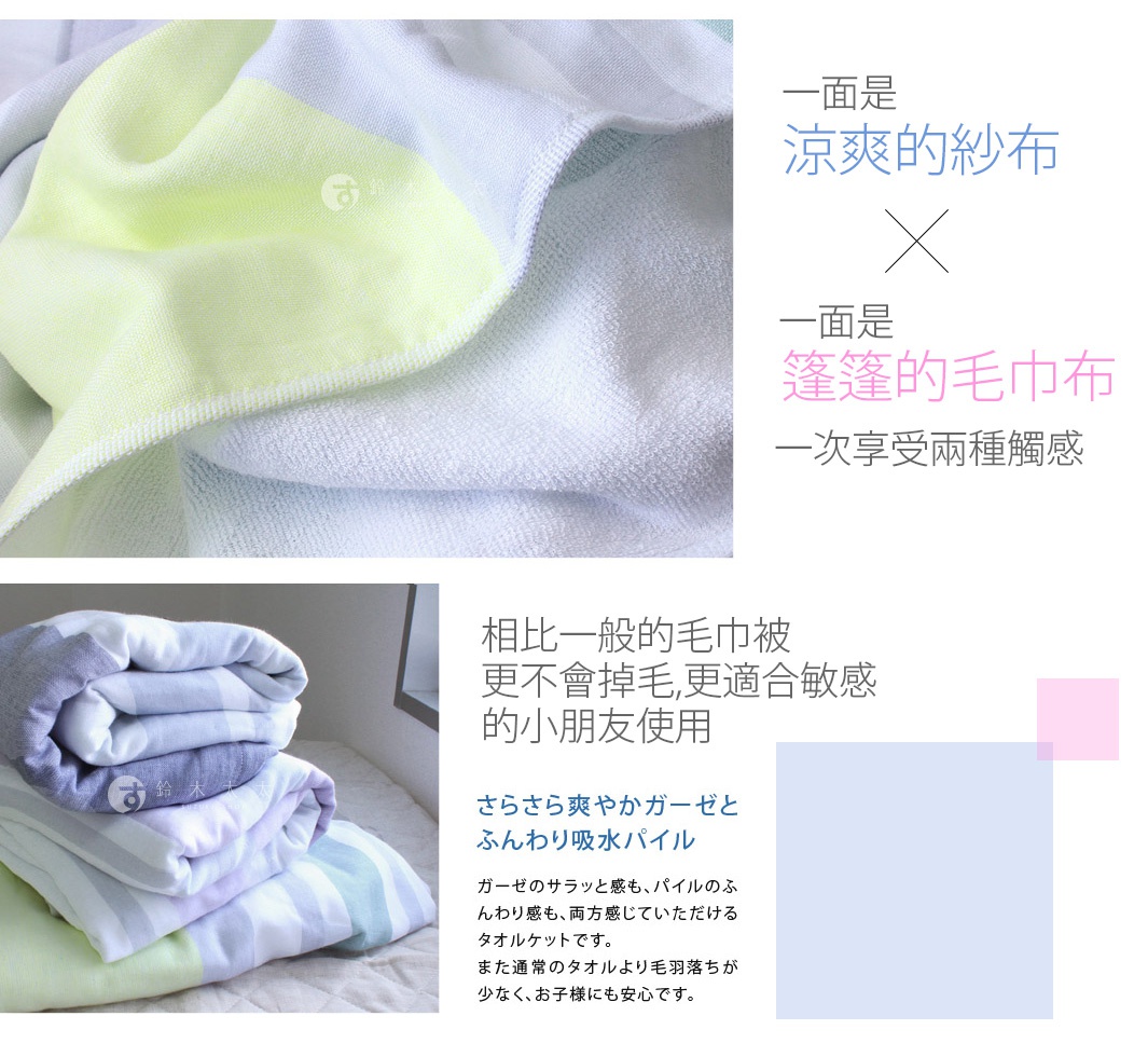 今治毛巾被，兩面不同材質，一面為涼爽的紗布，一面為蓬鬆的毛巾布。圖片展示了其柔軟的質地與條紋設計，有淺綠、淺紫、藍綠等顏色。