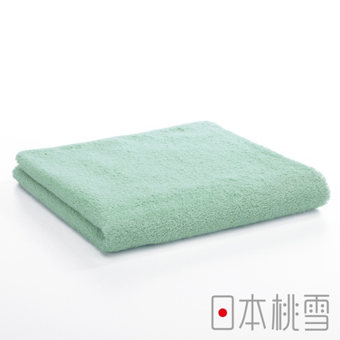 一條淺綠色的毛巾，材質柔軟，表面有細緻的絨毛，對折後平放在白色背景上。