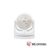 白色極靜音迷你型空氣循環扇，圓形扇葉網罩，設有三段風速調節旋鈕及擺頭功能，底部為白色圓形底座。