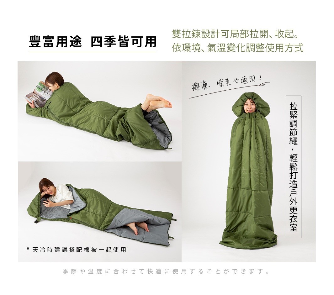 綠色室內避難專用抱枕型兩用睡袋，可完全展開或部分拉開，材質為尼龍，內裡灰色，附有帽子和拉繩。