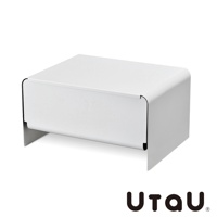 白色抽屜式收納櫃，採用光滑材質，設有可抽拉的門板，底部為金屬支架。