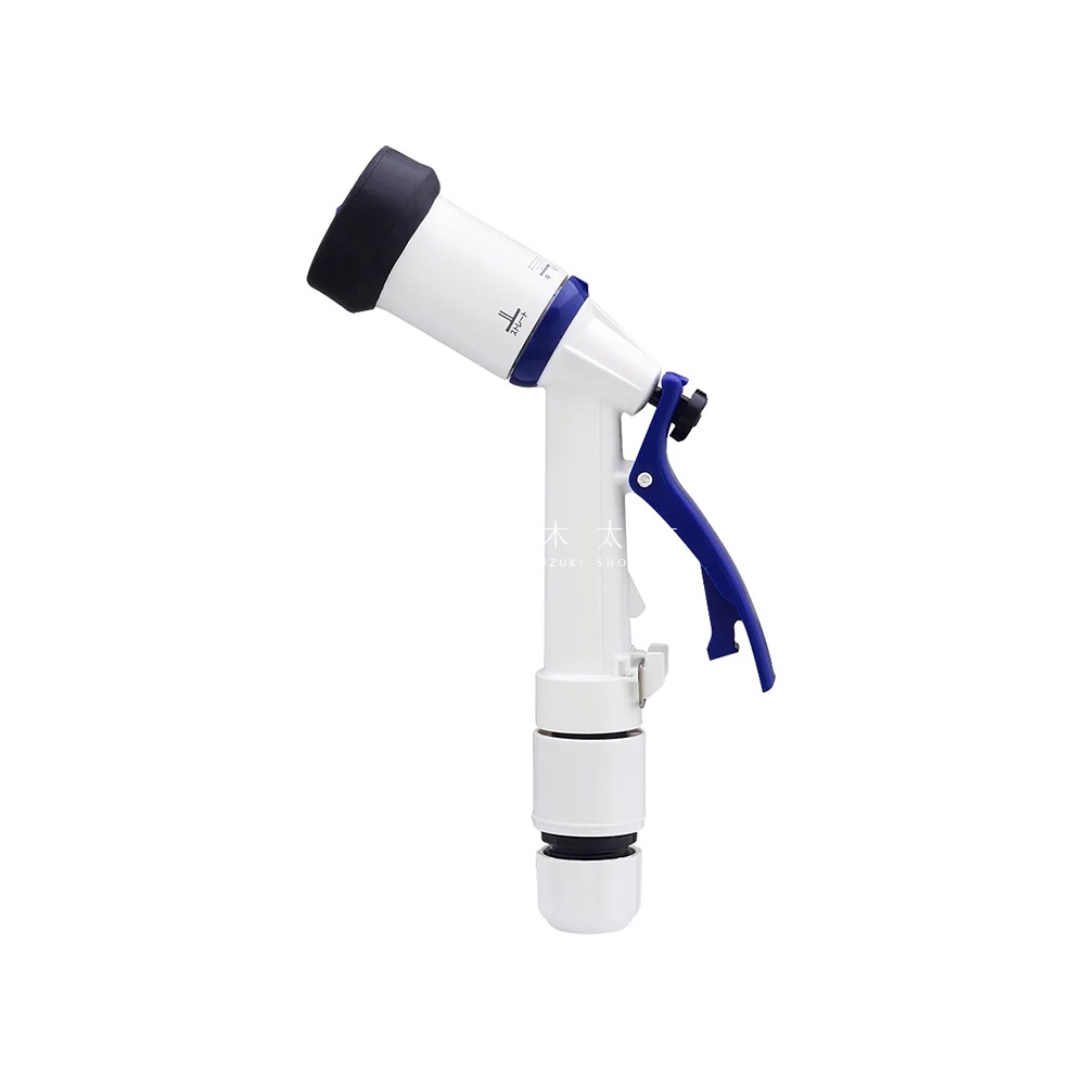 白色塑膠製五段調節噴嘴，配有黑色橡膠噴頭和藍色握把，整體設計簡潔，用於園藝或清潔用途。