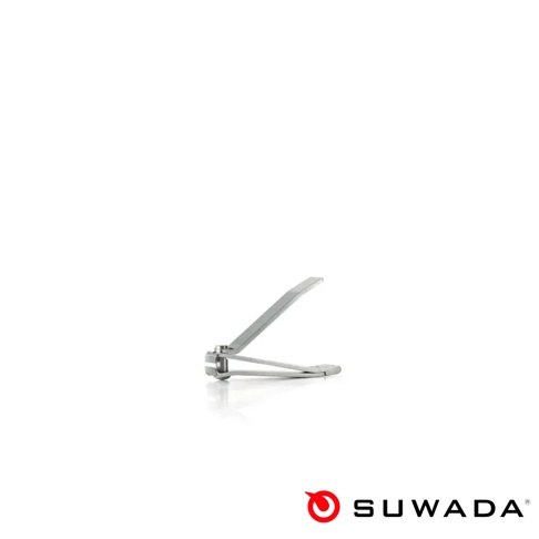 這是一張背景全白的產品照，展示一支金屬質感的 SUWADA 品牌可折疊迷你指甲剪，設計簡約精巧且表面光亮，右下角印有紅色的品牌標誌與 SUWADA 字樣。