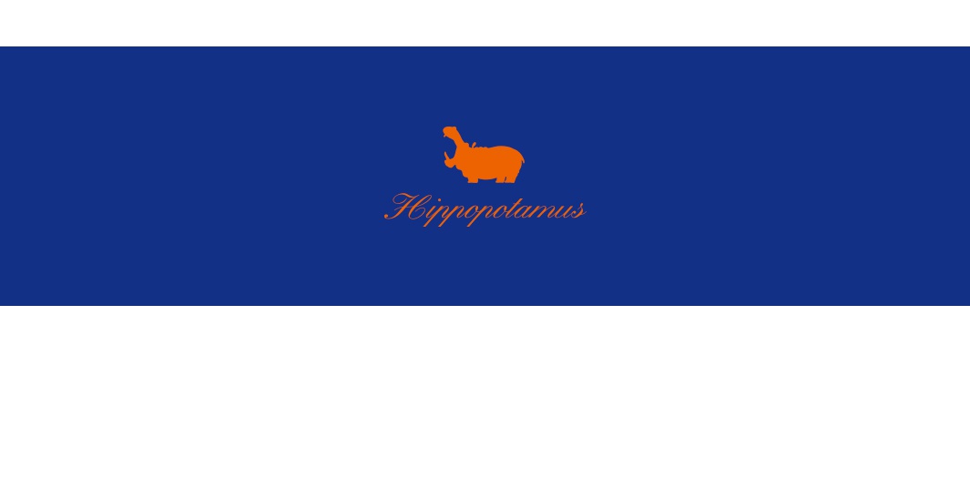 藍色背景上的橘色河馬圖案與「Hippopotamus」字樣，下方為白色區塊。