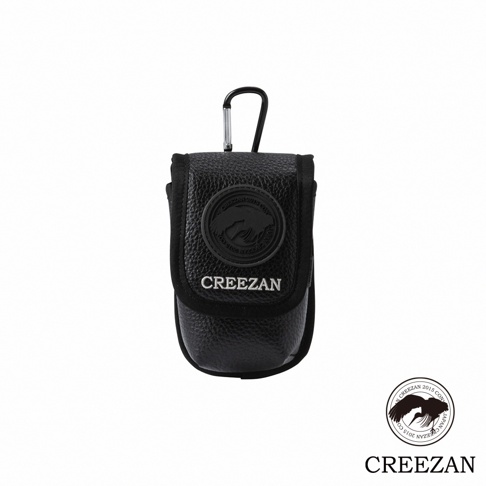 黑色皮革高爾夫球收納腰包，帶有金屬掛鉤，正面有圓形品牌標誌和「CREEZAN」字樣。