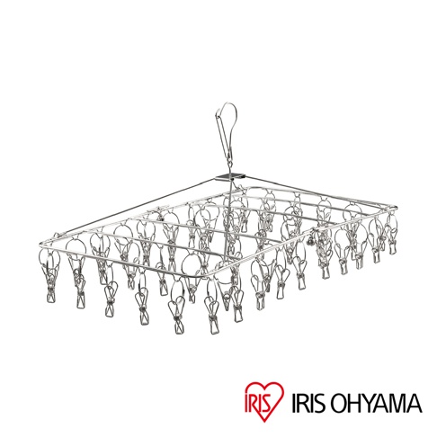 不鏽鋼曬衣架，帶有 50 個銀色不鏽鋼曬衣夾，呈方形結構，頂部有掛鉤。