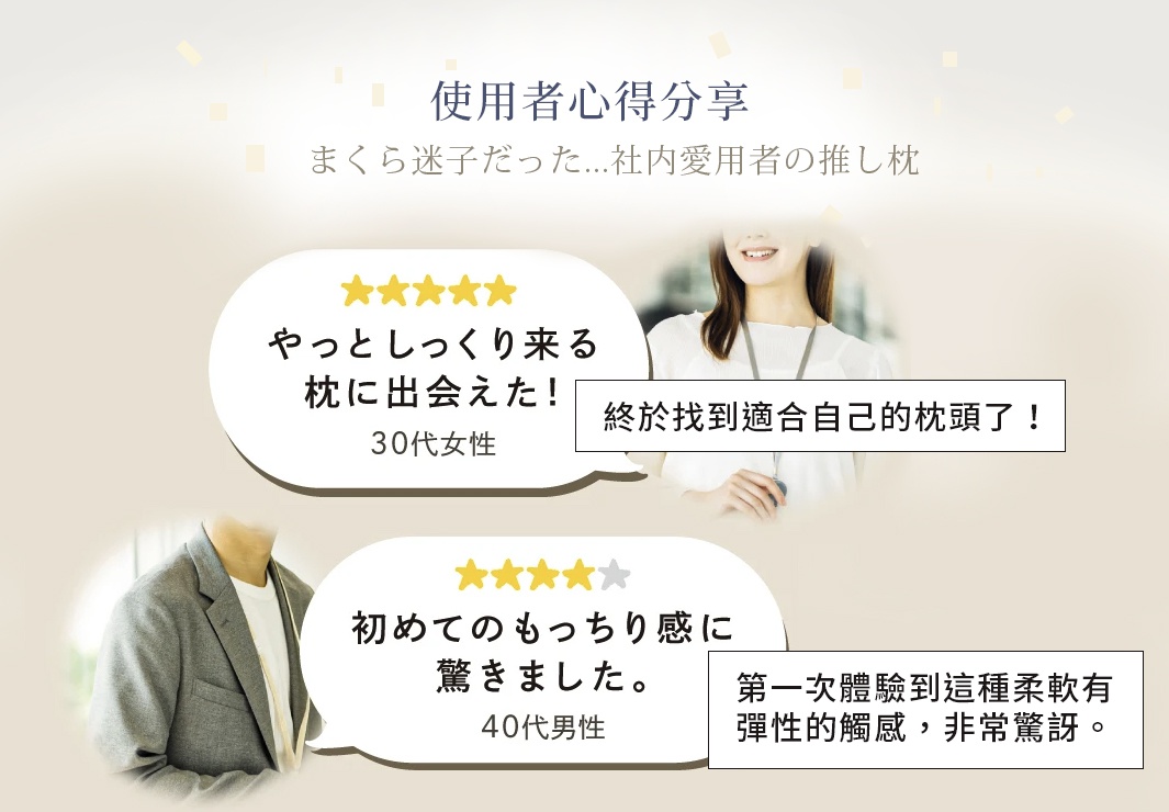 NELUD 完美釋壓Q彈棉花糖枕，圖片展示使用者好評分享，有女性與男性使用者對產品的正面評價，強調其舒適與彈性。